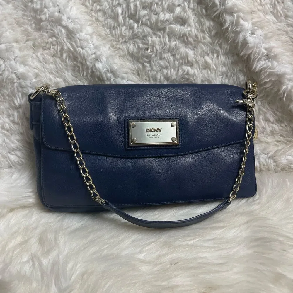 DKNY Melissa leather Navy Blue satchel with silver tone chain strap.